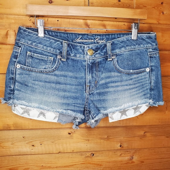 ❤️ American Eagle blue denim shorts silver glitter stars in the pockets … - Picture 1 of 7